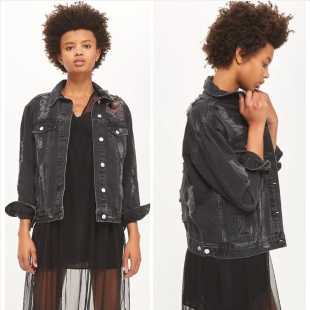 Topshop Moto Ripped Oversize Denim Jacket Size 8